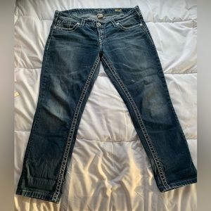 Silver distressed AIKO custom capris. Size 34